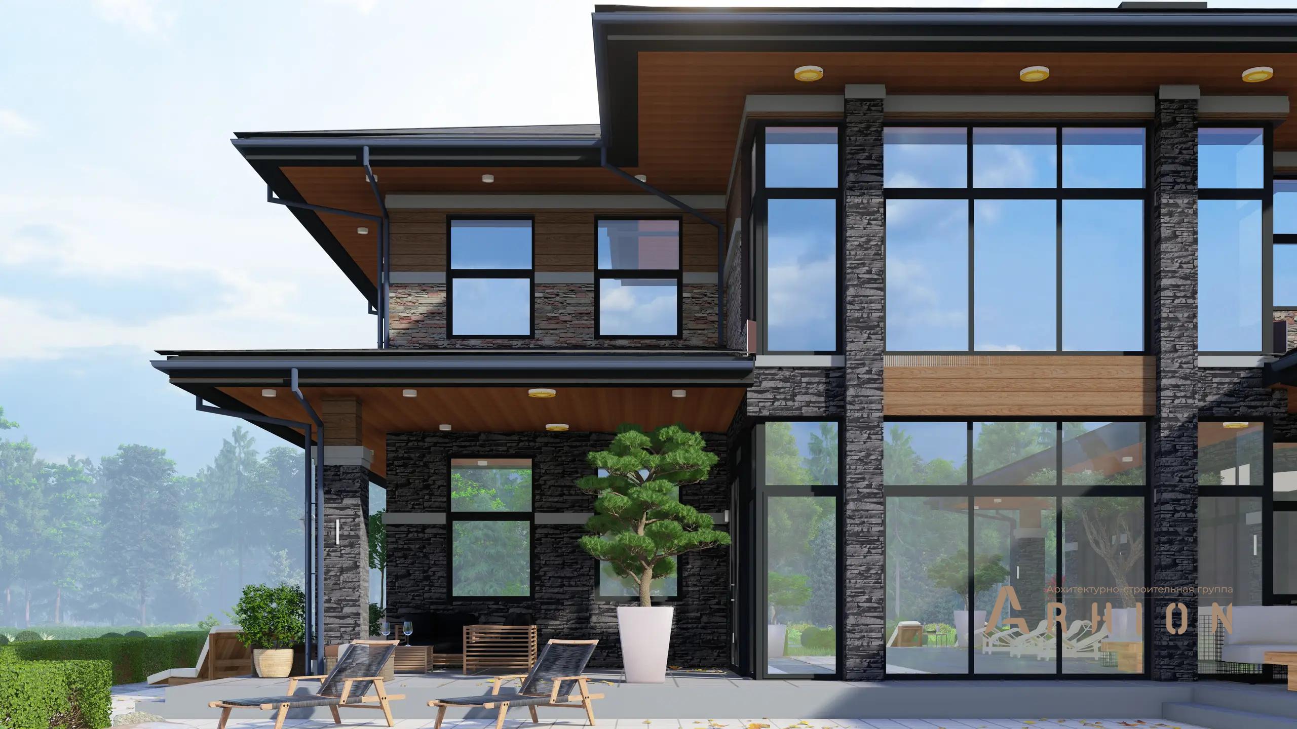 2. Проект двухэтажного дома в стиле Ллойда Райта (прерий) с четырехскатной, h-1604, площадью - 433 кв c сауной, терассой, гаражом, бассейном